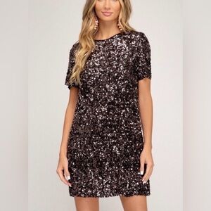 She and Sky Black and Gold Sequin Dress